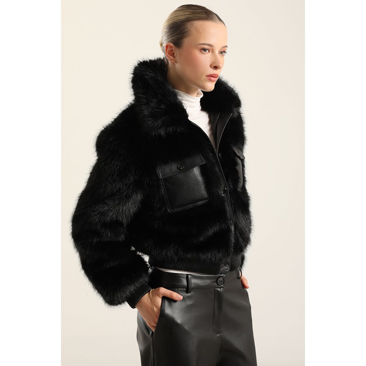 LIOLA - Chaqueton Efecto Cuero Piel,Negro Liola