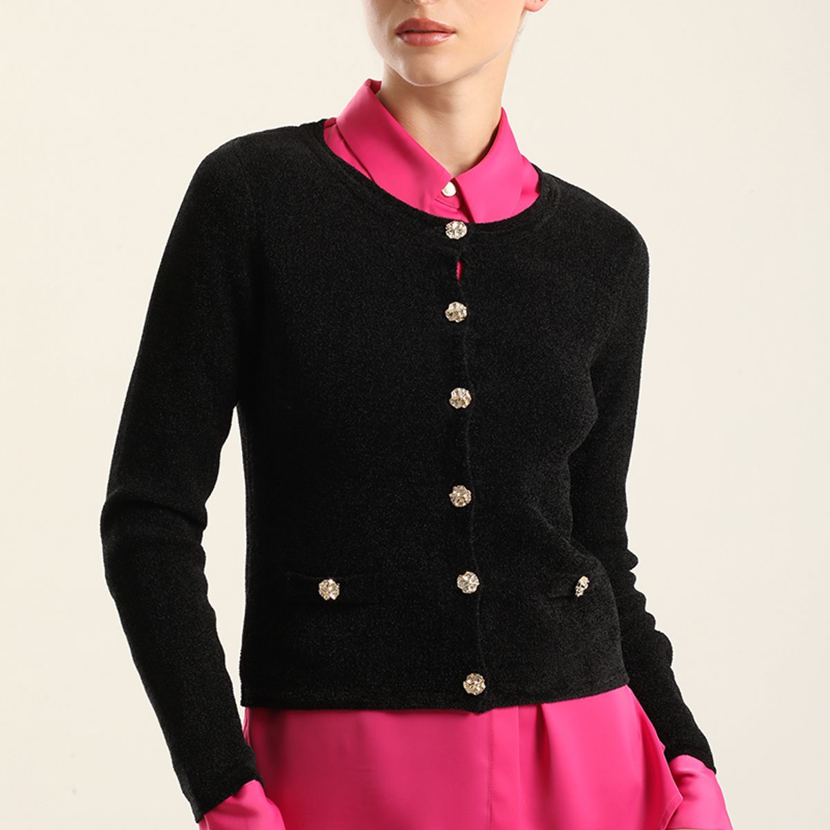 LIOLA - Cardigan Punto, Boton Fantasia, Negro Liola
