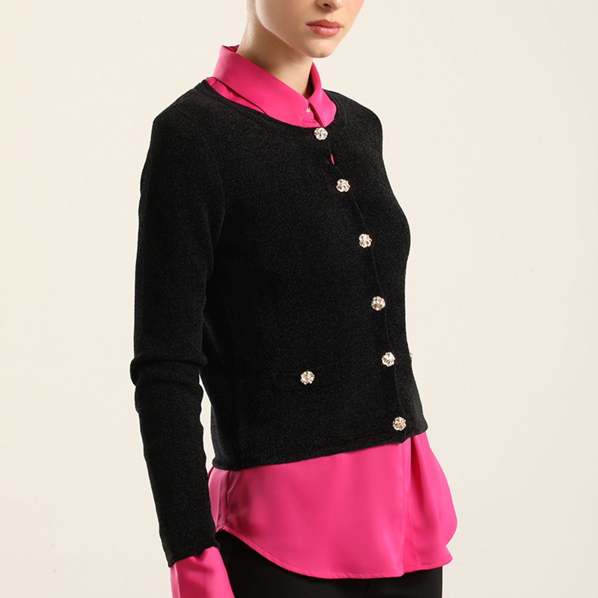 LIOLA - Cardigan Punto, Boton Fantasia, Negro Liola