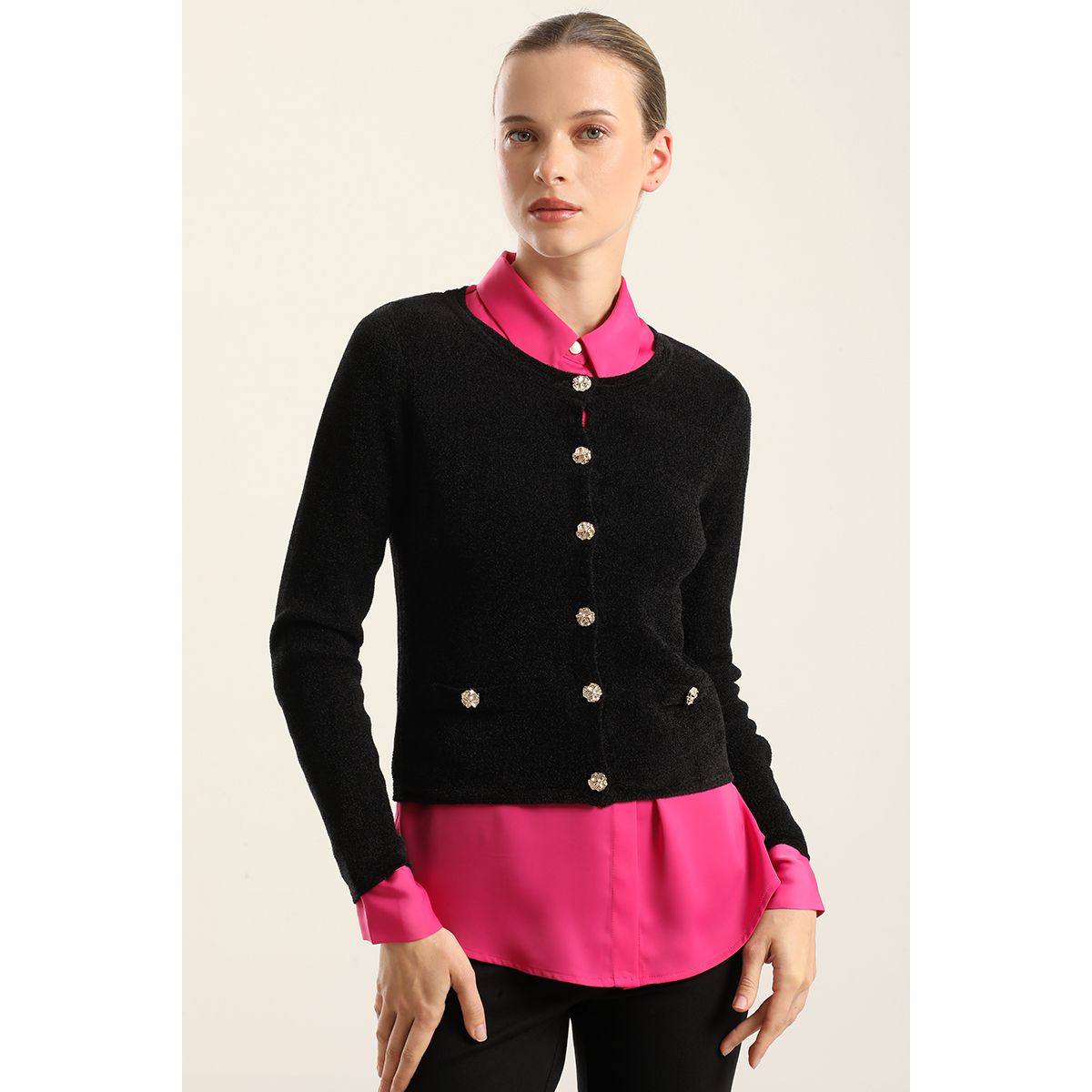 LIOLA - Cardigan Punto, Boton Fantasia, Negro Liola