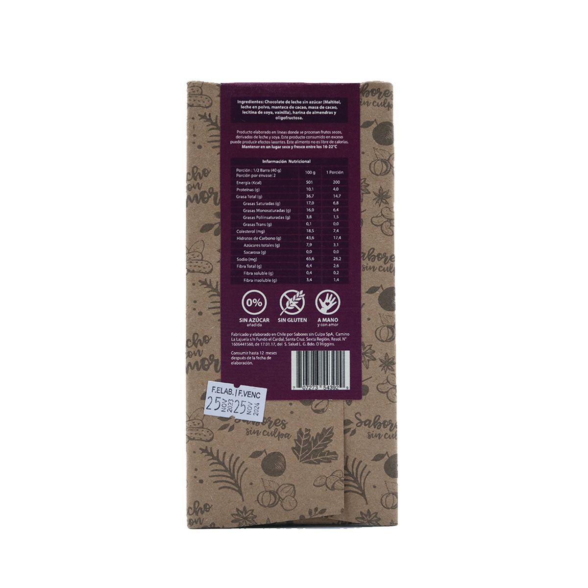 SABORES SIN CULPA - Barra chocolate harina almendras 80 g