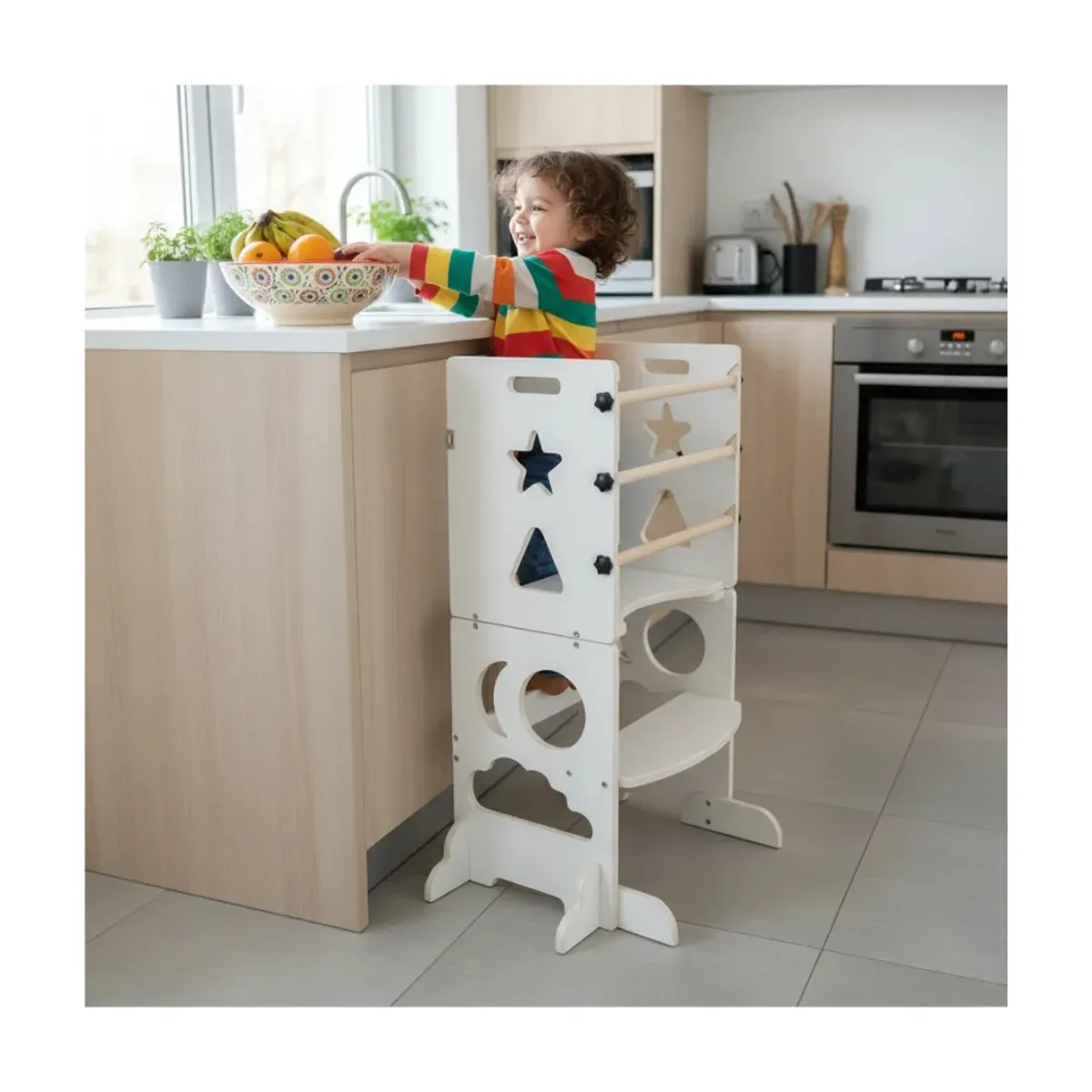 TIOZONEY - Torre De Aprendizaje Montessori 3 En 1 Madera Blanca