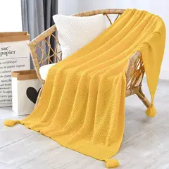 CHINA - Manta Nordica Con Borlas Tejida Frazada Decorativa 127x172cm - Amarillo - 2 Plazas