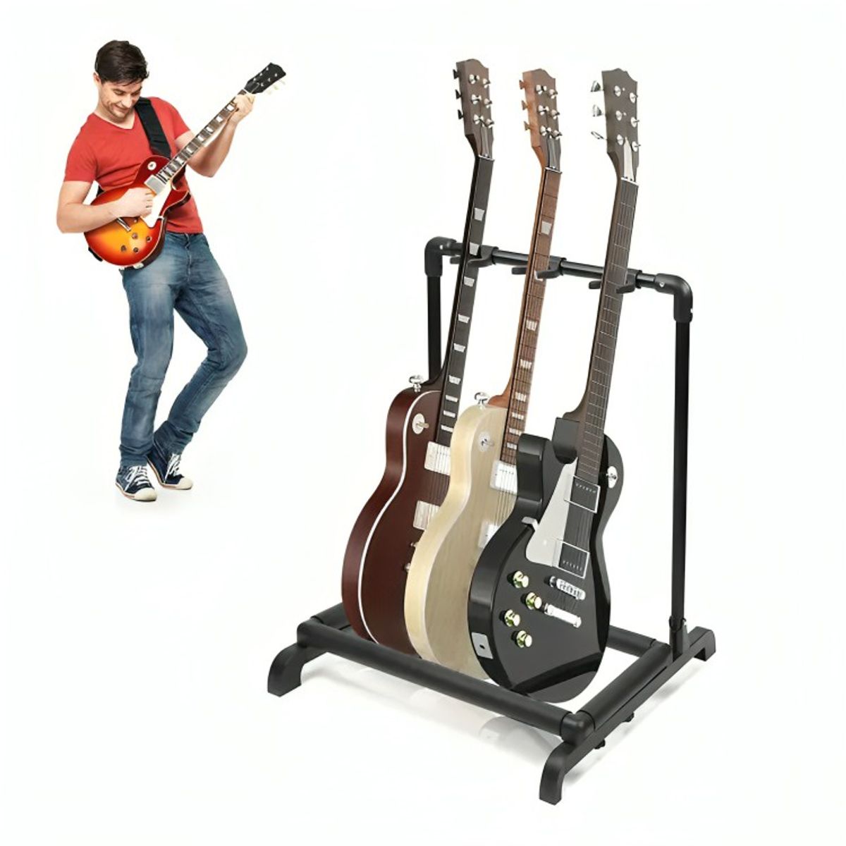 GENERICO - Atril Soporte Triple Para Guitarra Y Bajo Portatil