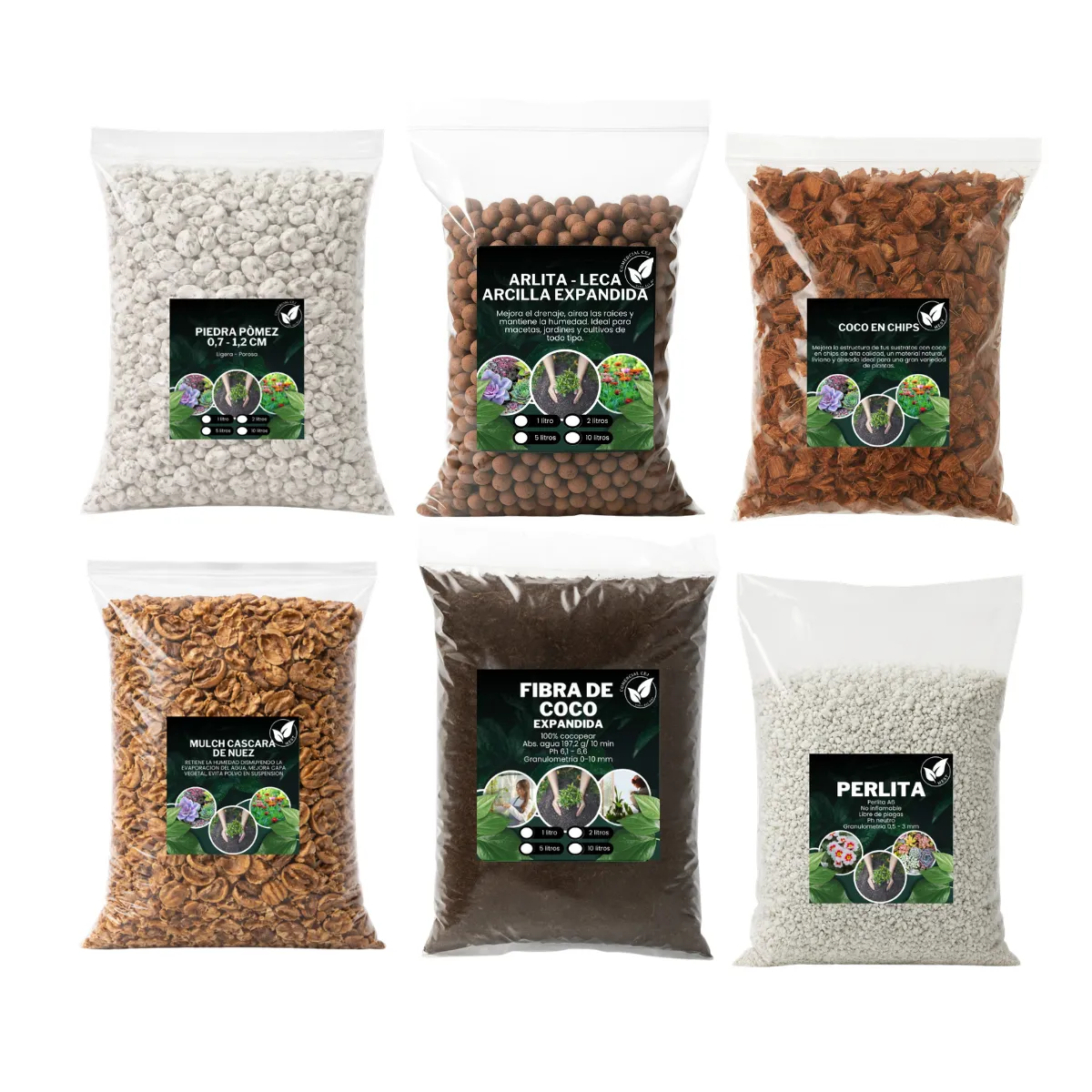 GENERICO - Pack Sustratos Piedra Pomez - Leca - Fibra de coco - Coco Chips - Perlita - Mulch de cascara