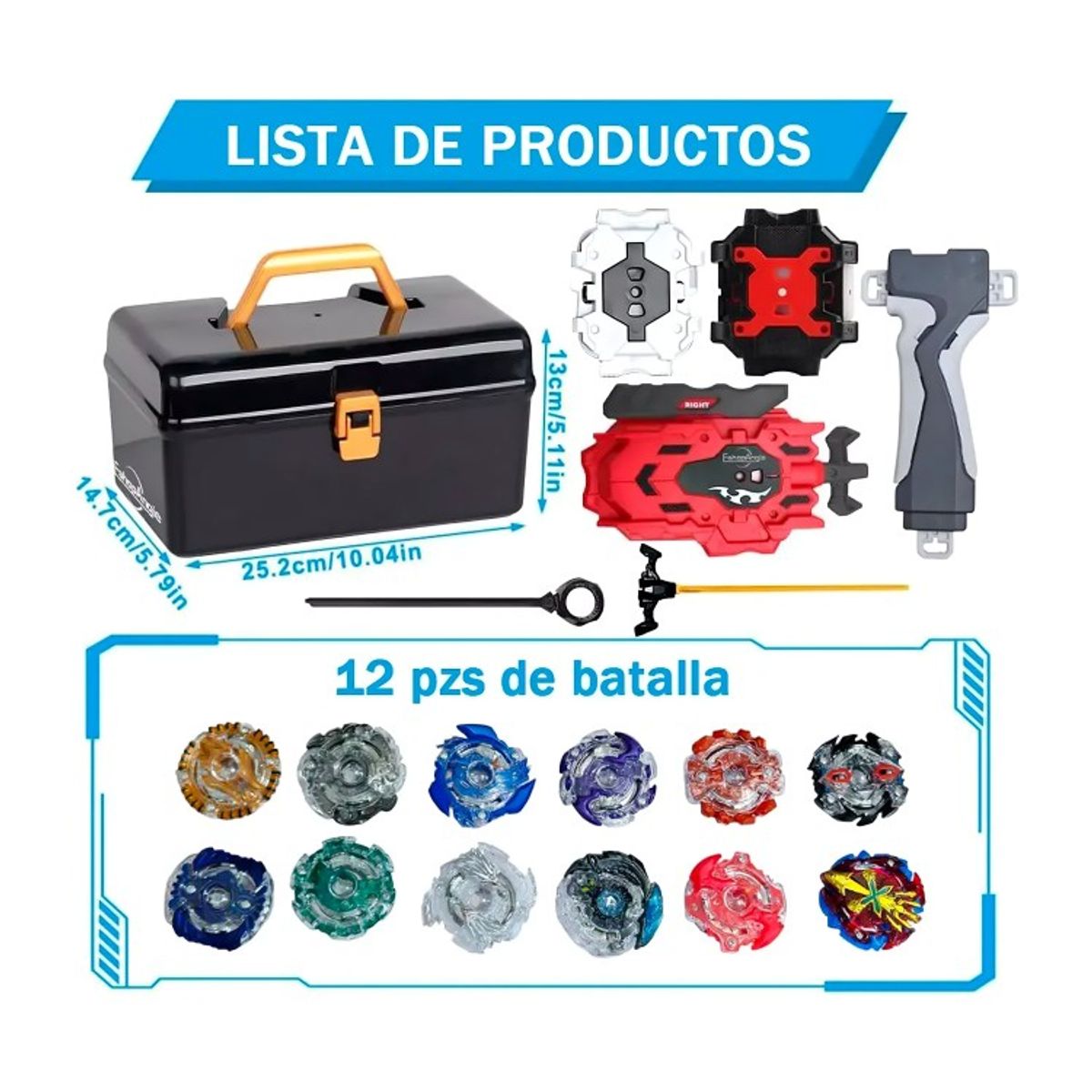GENERICO - Set 12 Beyblades Metal Fusion Con Maleta Lanzadores
