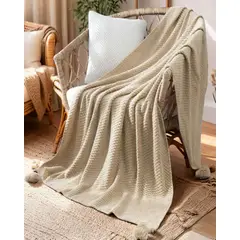 GENERICO - MANTA DE SOFÁ CON FLECOS DE SOGA COLOR BEIGE