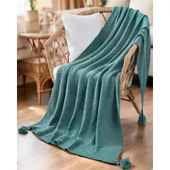 GENERICO - MANTA DE SOFÁ CON FLECOS DE SOGA COLOR AZUL