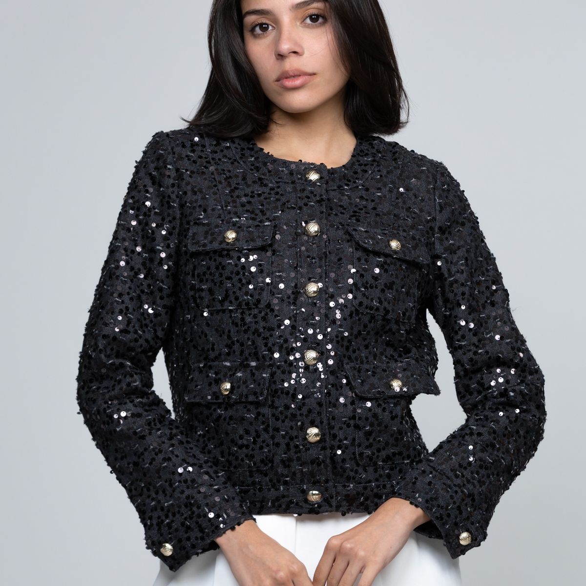 KARL LAGERFELD - Chaqueta denim cropped con lentejuelas