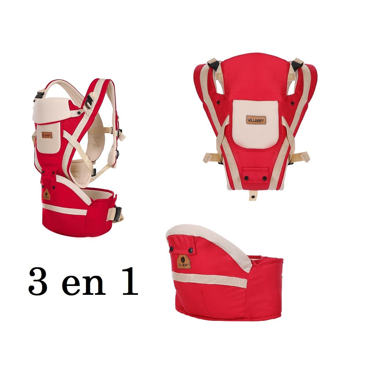 GENERICO - Portabebé Cangurera 3 En 1 Ajustable Asiento Removible Bebe Rojo Beige