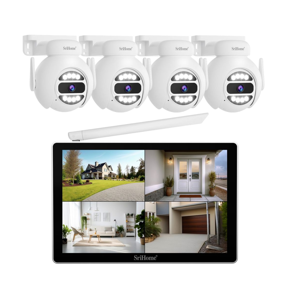 SRIHOME - Kit NVR Srihome 4 Camaras IPC047 PTZ Wifi NVR NVS010 Pantalla 8CH