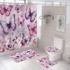 GENERICO - Juego De Baño Set De 4 Piezas Cortina + Tapa Wc + 2 Alfombra - Multicolor