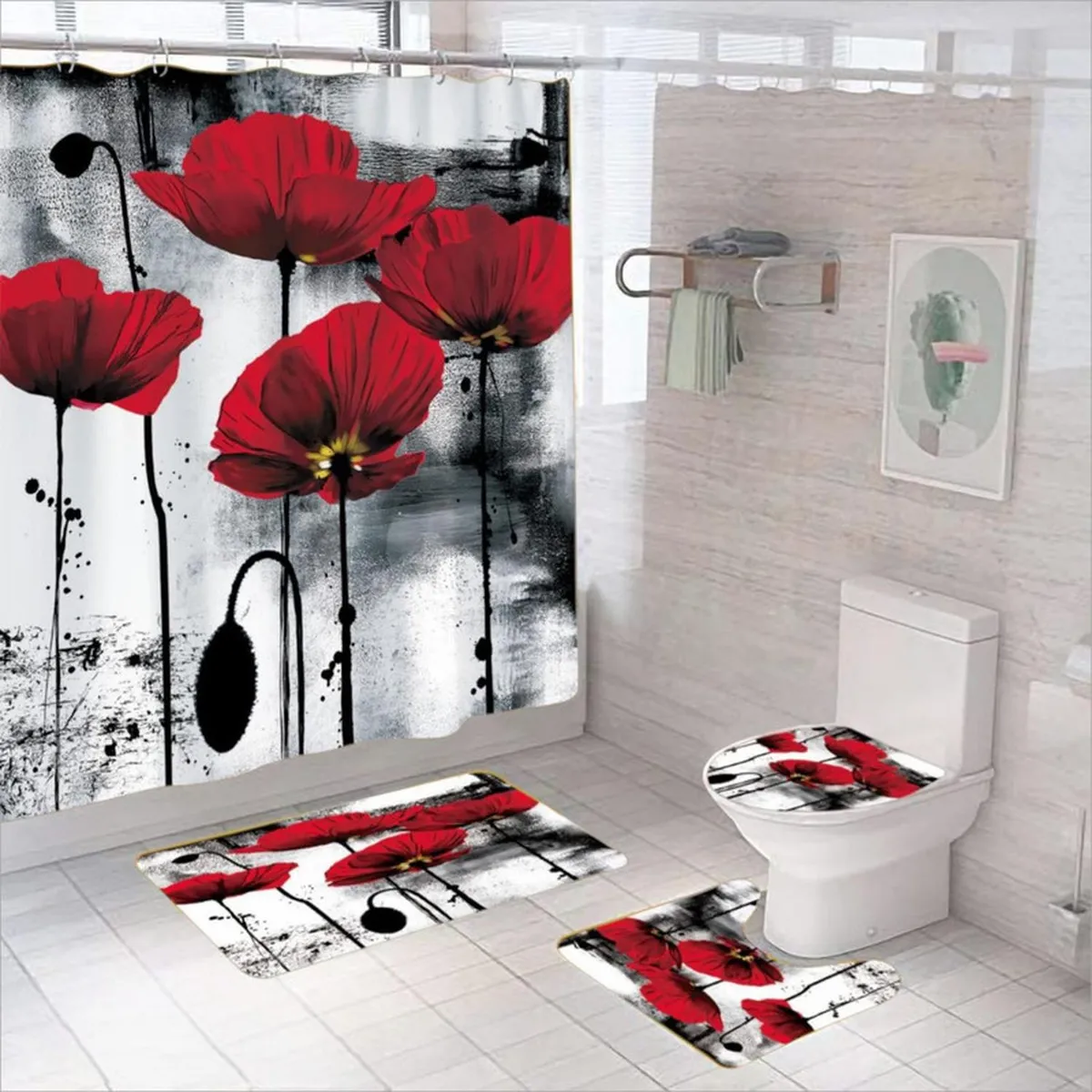 GENERICO - Juego De Baño Set De 4 Piezas Cortina + Tapa Wc + 2 Alfombra - Multicolor
