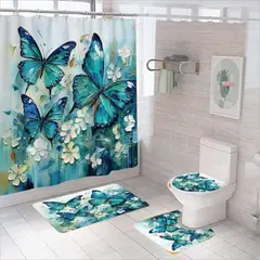 GENERICO - Juego De Baño Set De 4 Piezas Cortina + Tapa Wc + 2 Alfombra - Multicolor