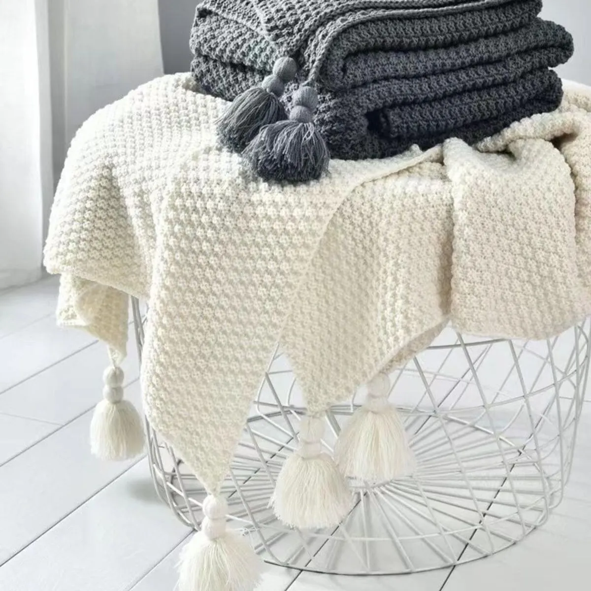 GENERICO - Manta Nordica Con Borlas Tejida Frazada Decorativa 127x172cm - Blanco - 2 Plazas