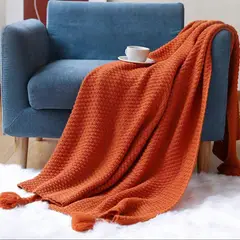 GENERICO - Manta Nordica Con Borlas Tejida Frazada Decorativa 127x172cm - Naranja - 2 Plazas