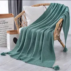 GENERICO - Manta Nordica Con Borlas Tejida Frazada Decorativa 127x172cm - Turquesa - 2 Plazas