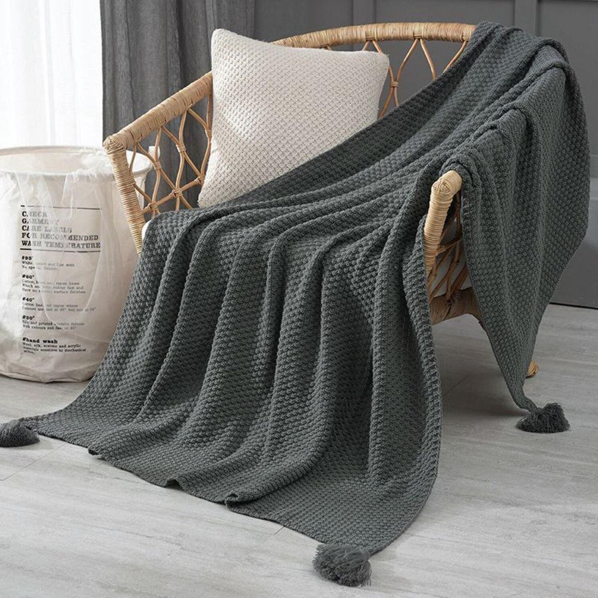 GENERICO - Manta Nordica Con Borlas Tejida Frazada Decorativa 127x172cm - Gris - 2 Plazas