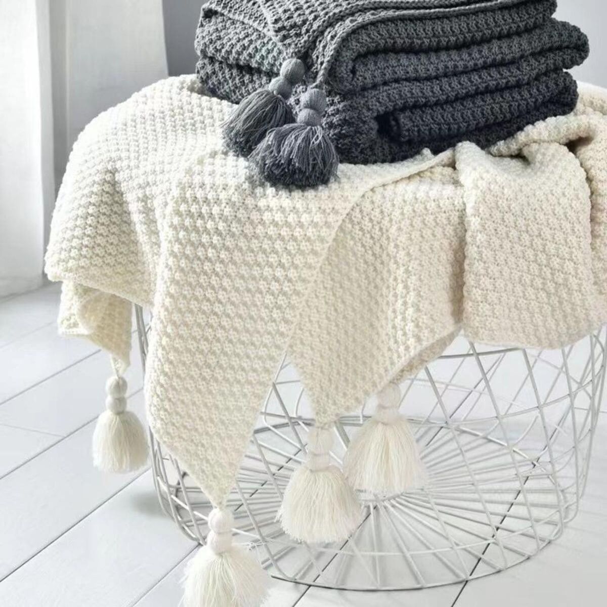 GENERICO - Manta Nordica Con Borlas Tejida Frazada Decorativa 127x172cm - Gris - 2 Plazas