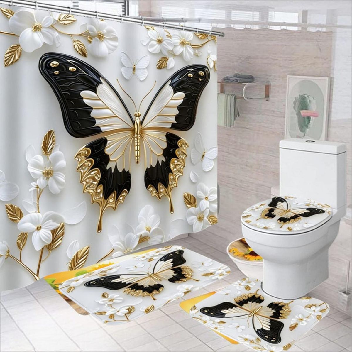 GENERICO - Juego De Baño Set De 4 Piezas Cortina + Tapa Wc + 2 Alfombra - Multicolor