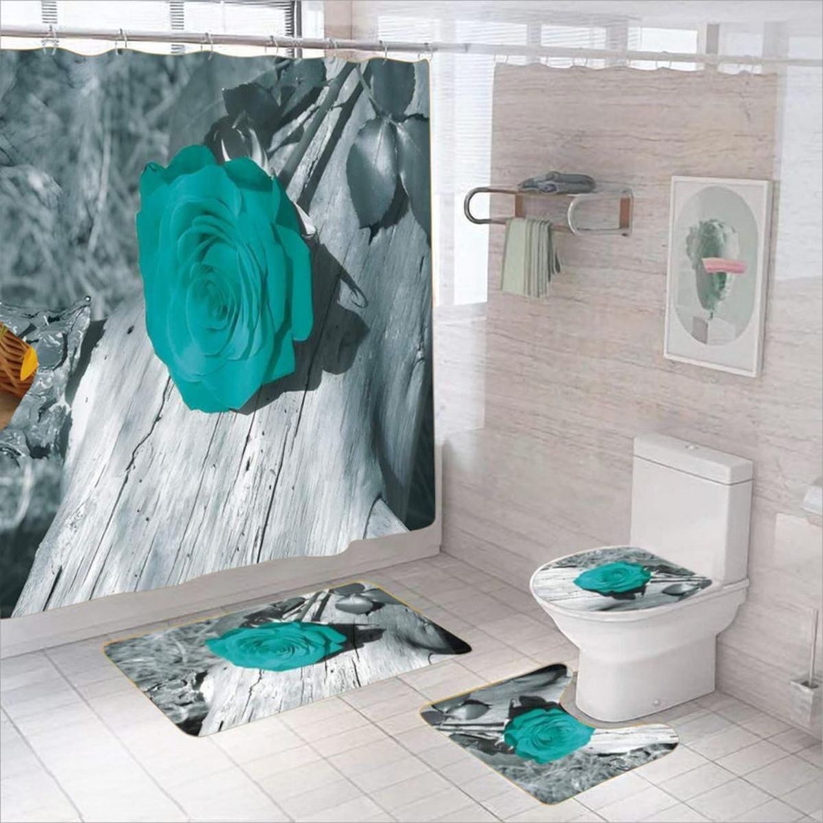 GENERICO - Juego De Baño Set De 4 Piezas Cortina + Tapa Wc + 2 Alfombra - Multicolor