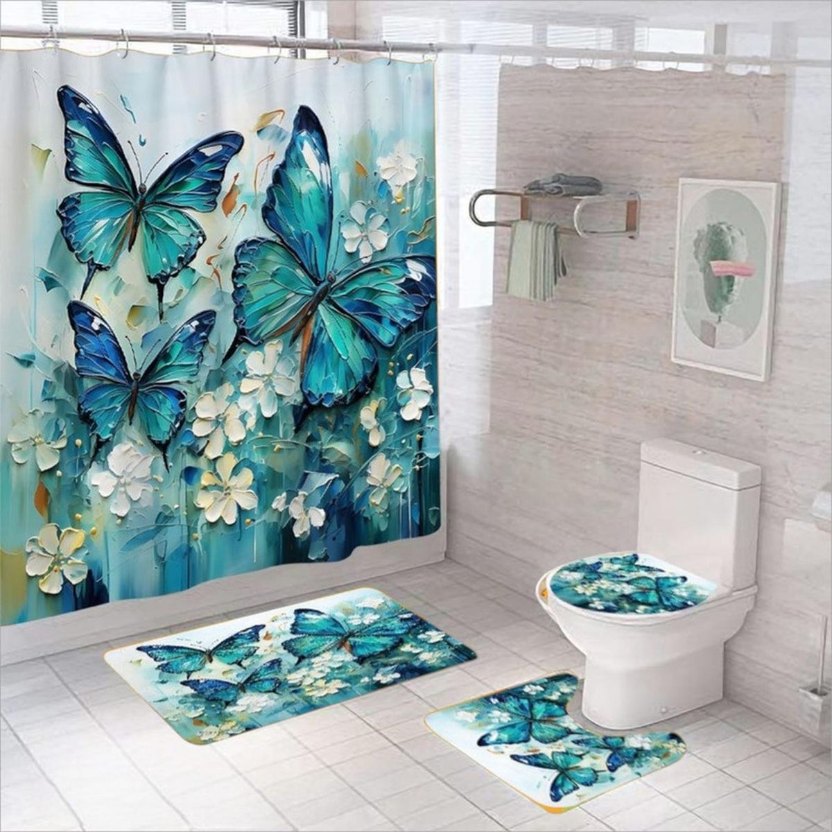 GENERICO - Juego De Baño Set De 4 Piezas Cortina + Tapa Wc + 2 Alfombra - Multicolor