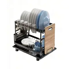 GENERICO - ESCURRIDOR 2 NIVELES DE ACERO INOXIDABLE CON SOPORTE PARA TABLAS Y CUBIERTOS COLOR NEGRO
