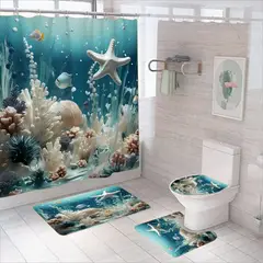 GENERICO - Juego De Baño Set De 4 Piezas Cortina + Tapa Wc + 2 Alfombra - Multicolor