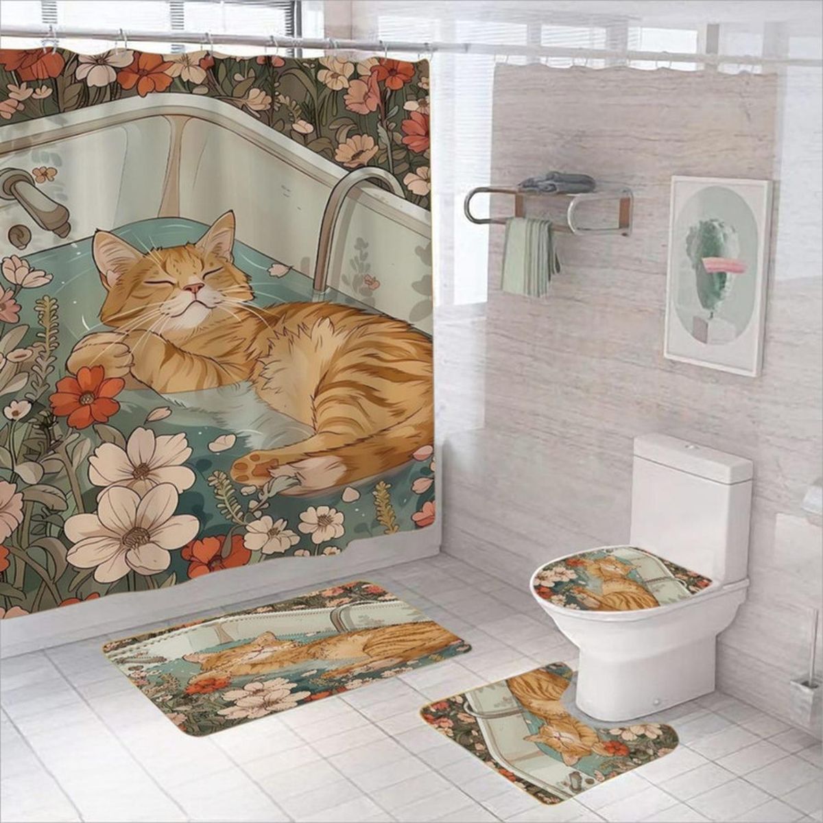 GENERICO - Juego De Baño Set De 4 Piezas Cortina + Tapa Wc + 2 Alfombra - Multicolor