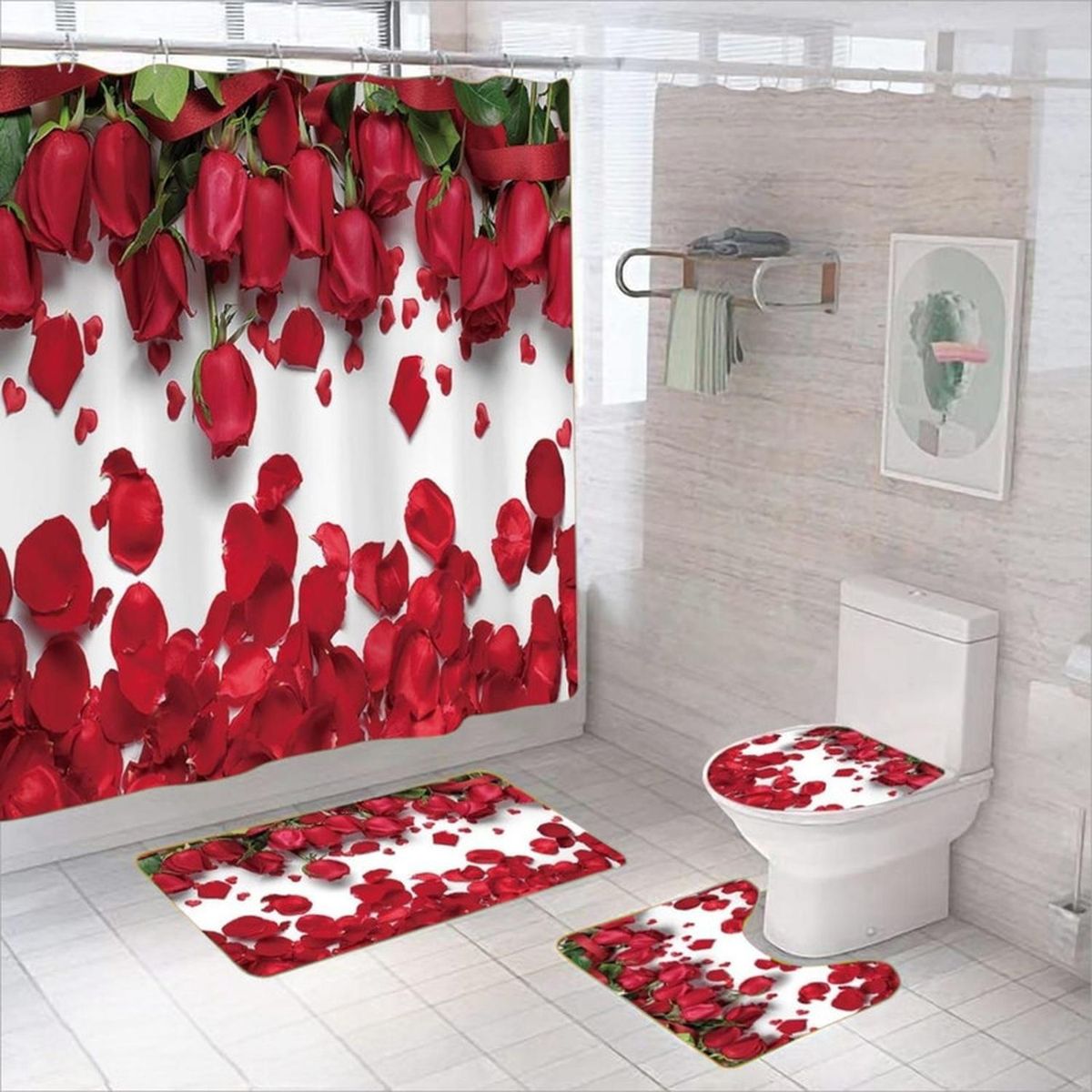 GENERICO - Juego De Baño Set De 4 Piezas Cortina + Tapa Wc + 2 Alfombra - Multicolor