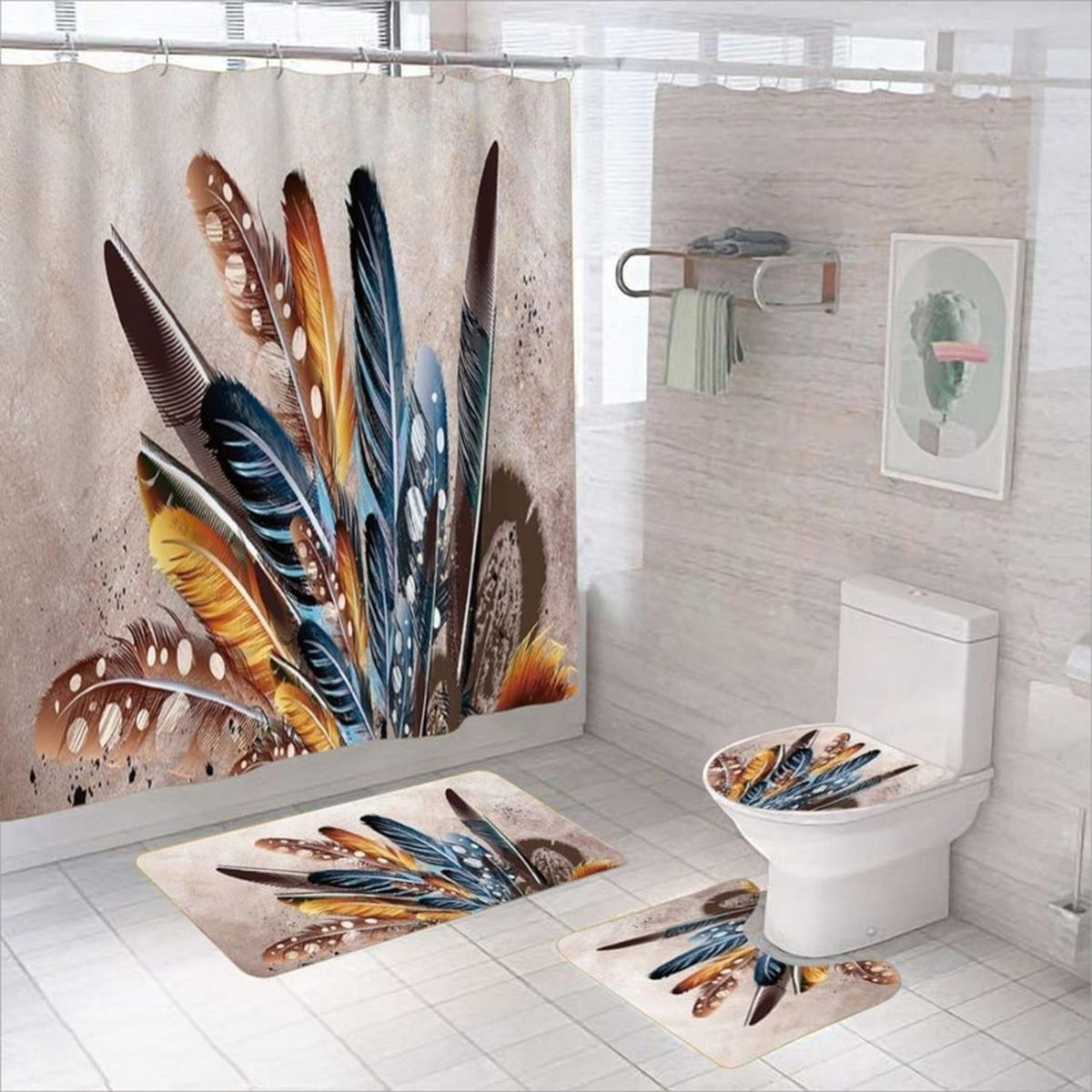 GENERICO - Juego De Baño Set De 4 Piezas Cortina + Tapa Wc + 2 Alfombra - Multicolor