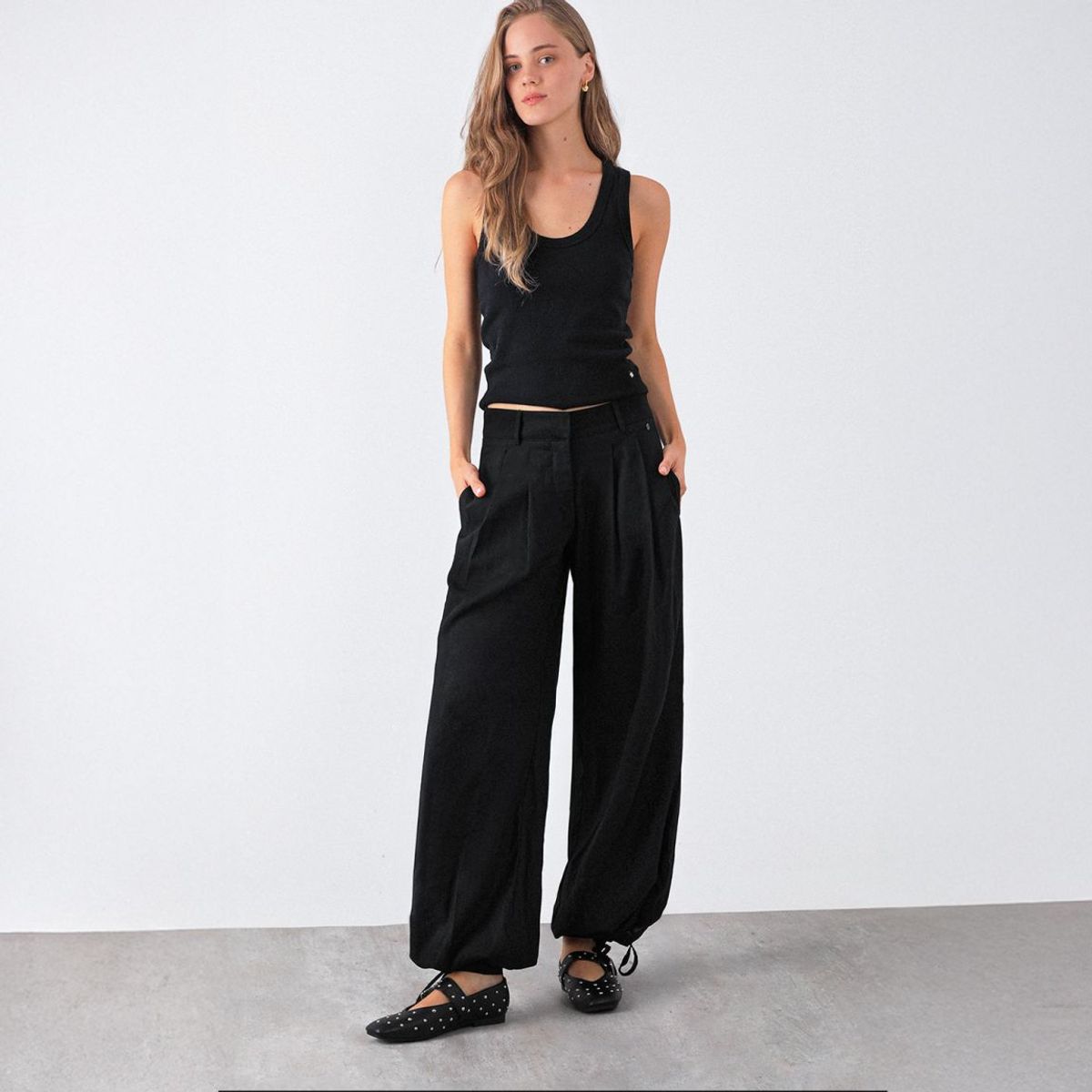 RAINDOOR - Pantalón Balloon Lino Negro Mujer Raindoor