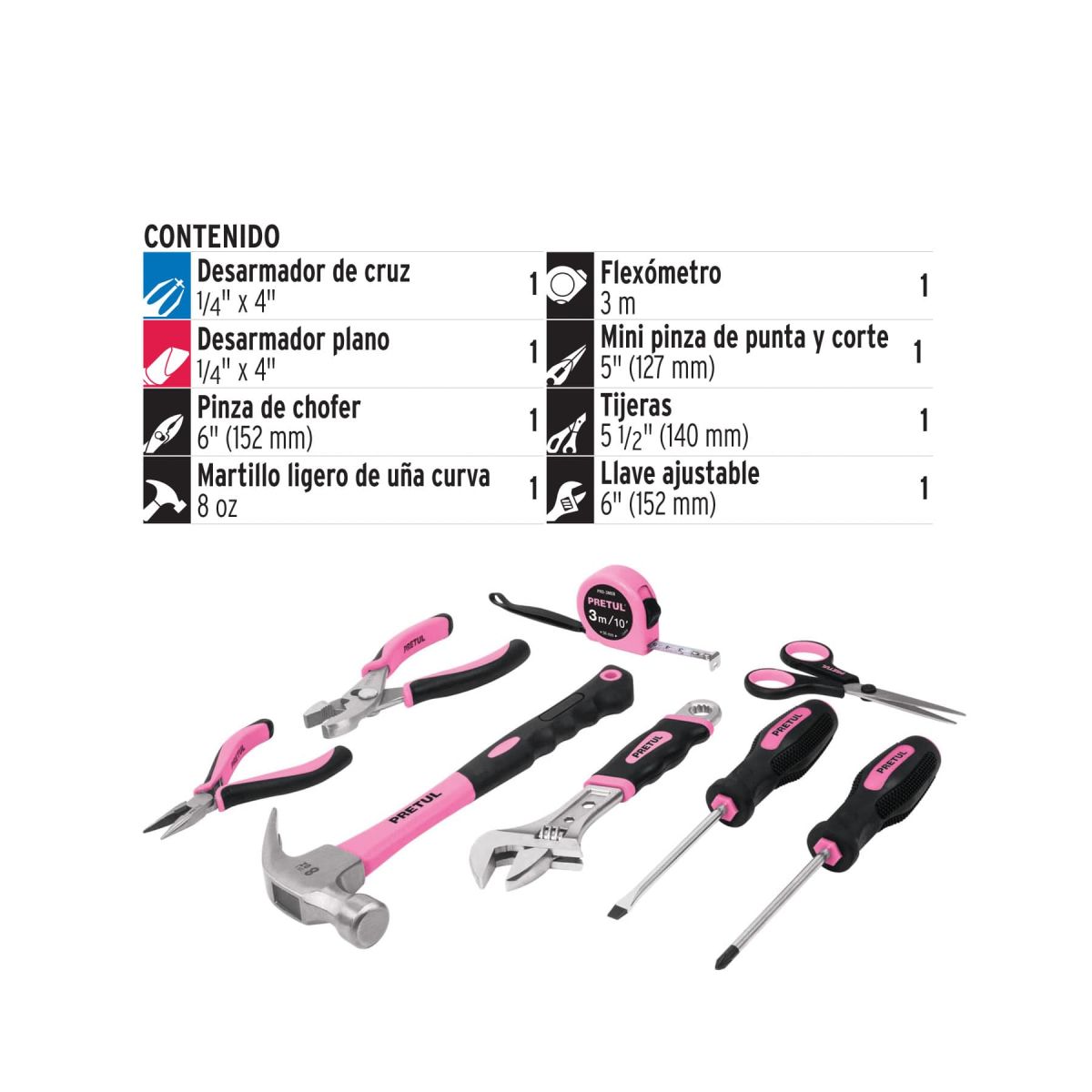 PRETUL - Set de Herramientas 8 Piezas SET-MA8 con Maletín
