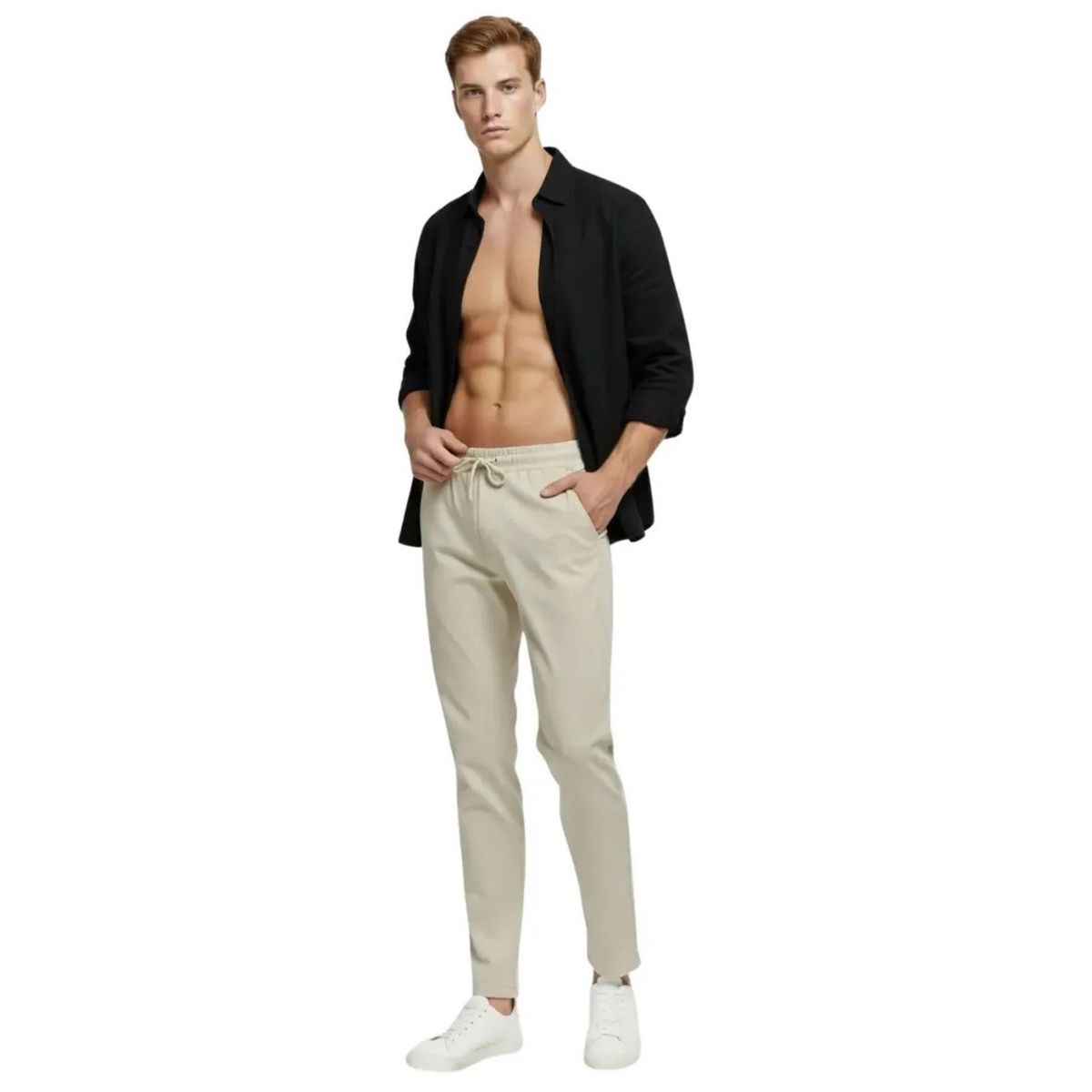 LOOK SHOP - Pantalón Lino Hombre, Corte Recto, Pretina Elásticada 7141