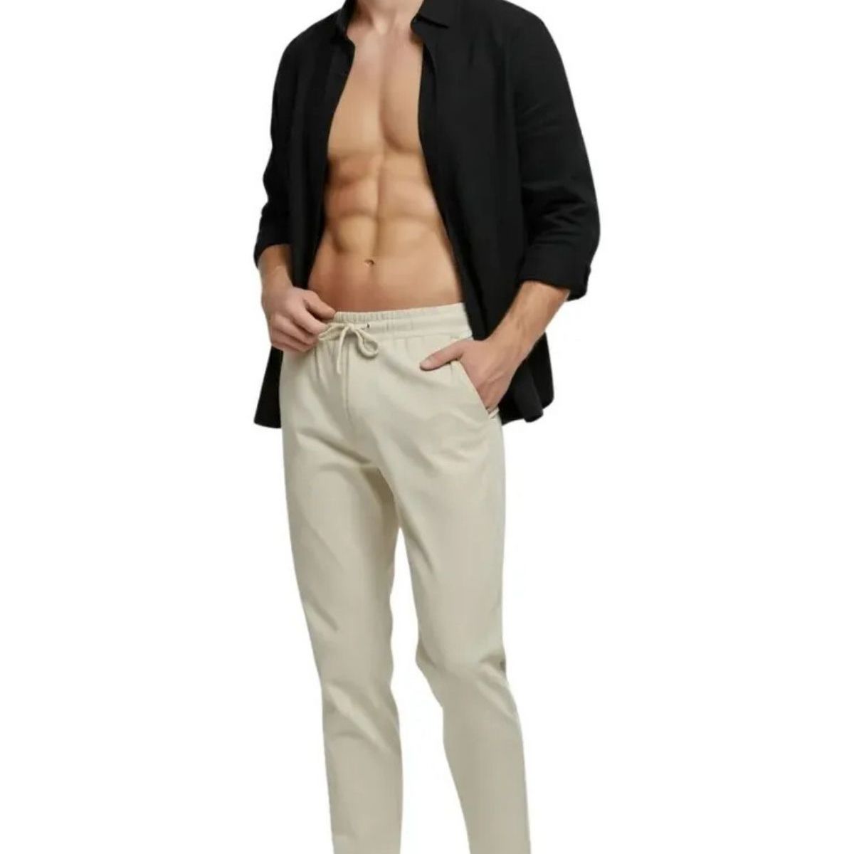 LOOK SHOP - Pantalón Lino Hombre, Corte Recto, Pretina Elásticada 7141