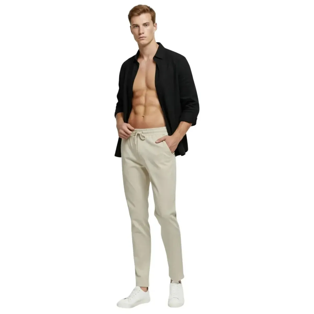 LOOK SHOP - Pantalón Lino Hombre, Corte Recto, Pretina Elásticada 7141