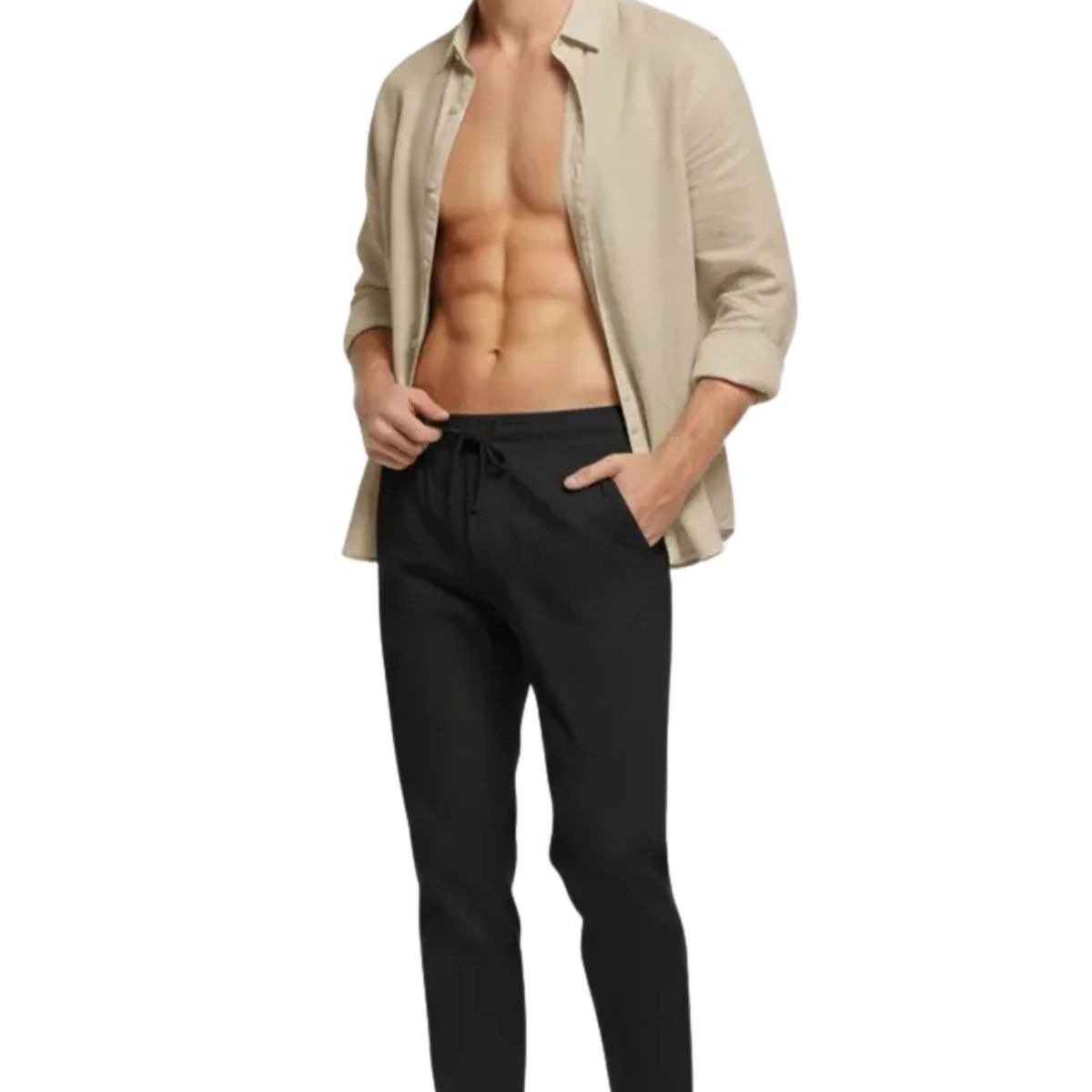 LOOK SHOP - Pantalón Lino Hombre, Corte Recto, Pretina Elásticada 7141