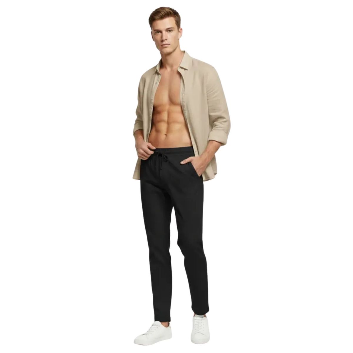 LOOK SHOP - Pantalón Lino Hombre, Corte Recto, Pretina Elásticada 7141
