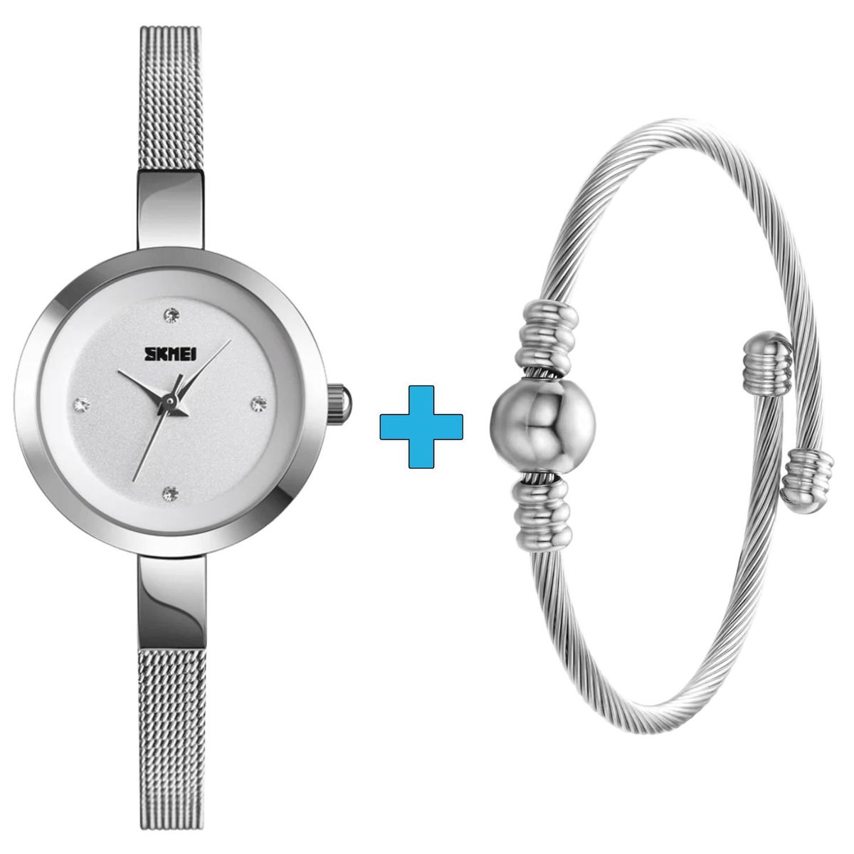 SKMEI - Reloj cuarzo mujer Skmei + 1 pulsera trenzada ultrafina de acero inoxidable enchapada de moda