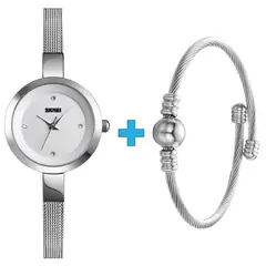 SKMEI - Reloj cuarzo mujer + 1 pulsera trenzada ultrafina de acero inoxidable enchapada de moda