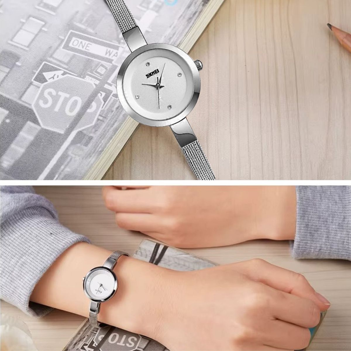 SKMEI - Reloj cuarzo mujer Skmei + 1 pulsera trenzada ultrafina de acero inoxidable enchapada de moda