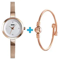SKMEI - Reloj cuarzo mujer + 1 pulsera trenzada ultrafina de acero inoxidable enchapada de moda