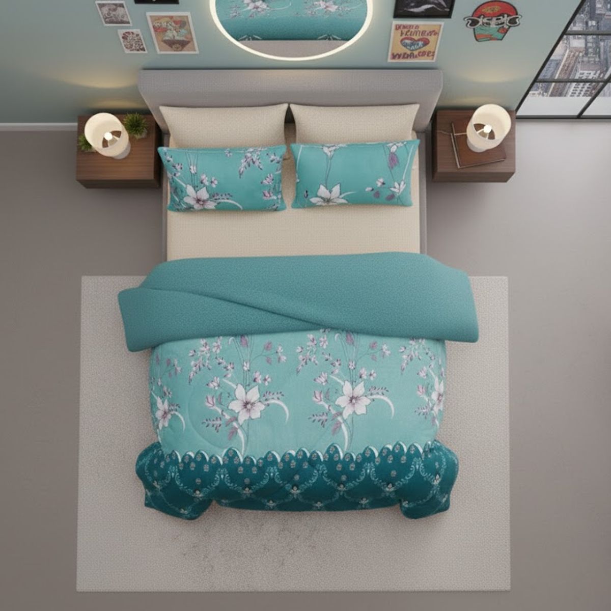 DIANA - COBERTOR PLUSH DE INVIERNO CON CHIPORRO 2 PLAZA CON DISEÑO CELESTE FLORAL_.