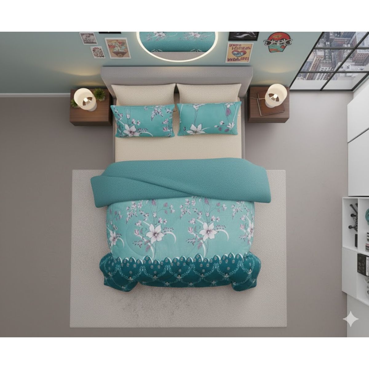 DIANA - COBERTOR PLUSH DE INVIERNO CON CHIPORRO 2 PLAZA CON DISEÑO CELESTE FLORAL_.