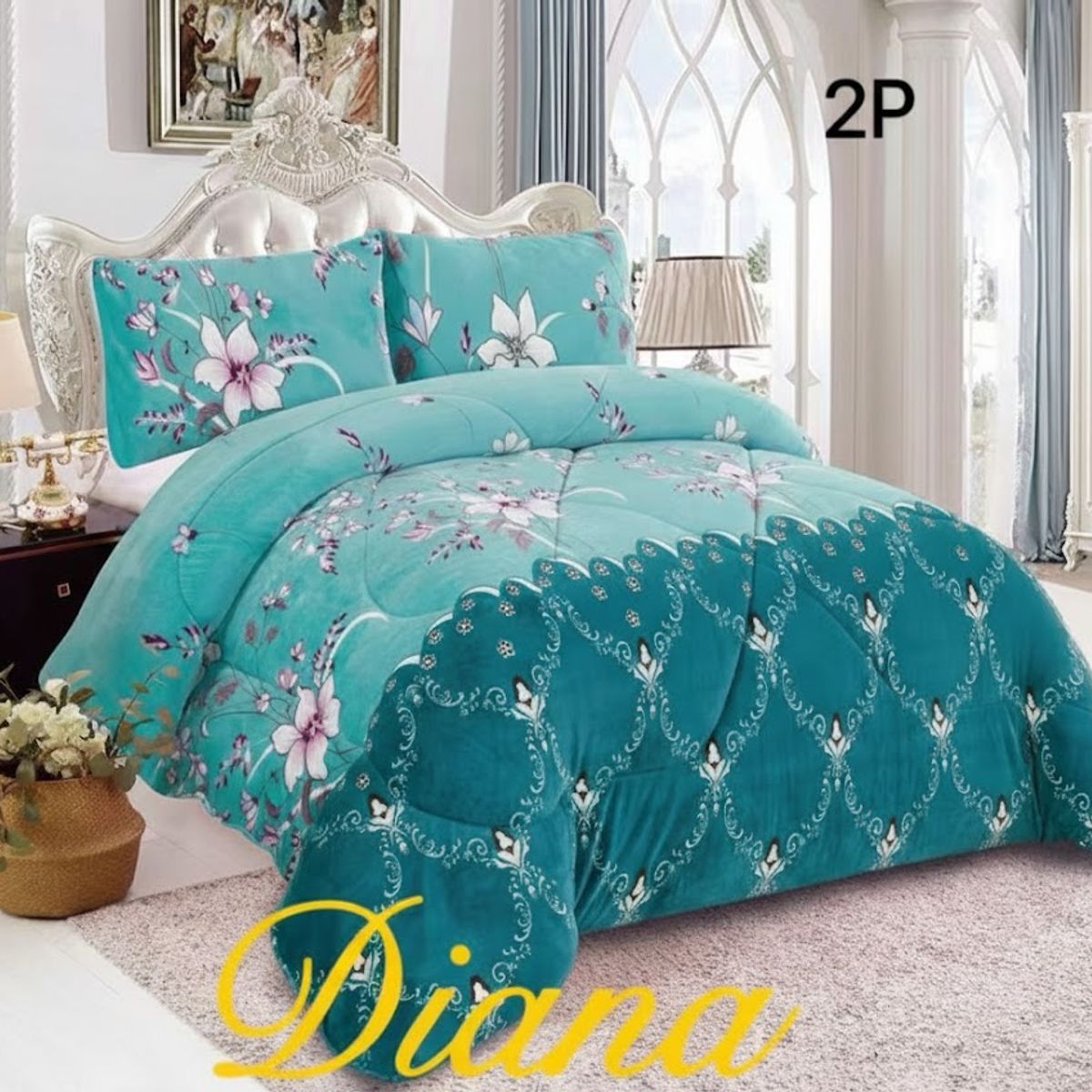DIANA - COBERTOR PLUSH DE INVIERNO CON CHIPORRO 2 PLAZA CON DISEÑO CELESTE FLORAL_.