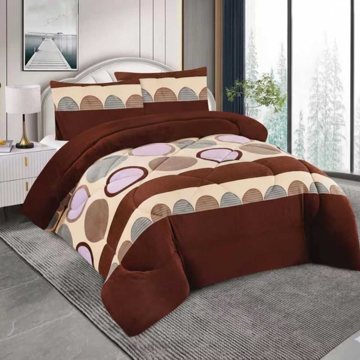 DIANA - COBERTOR PLUSH DE INVIERNO CON CHIPORRO 2 PLAZA CON DISEÑO CIRCULOS CAFE