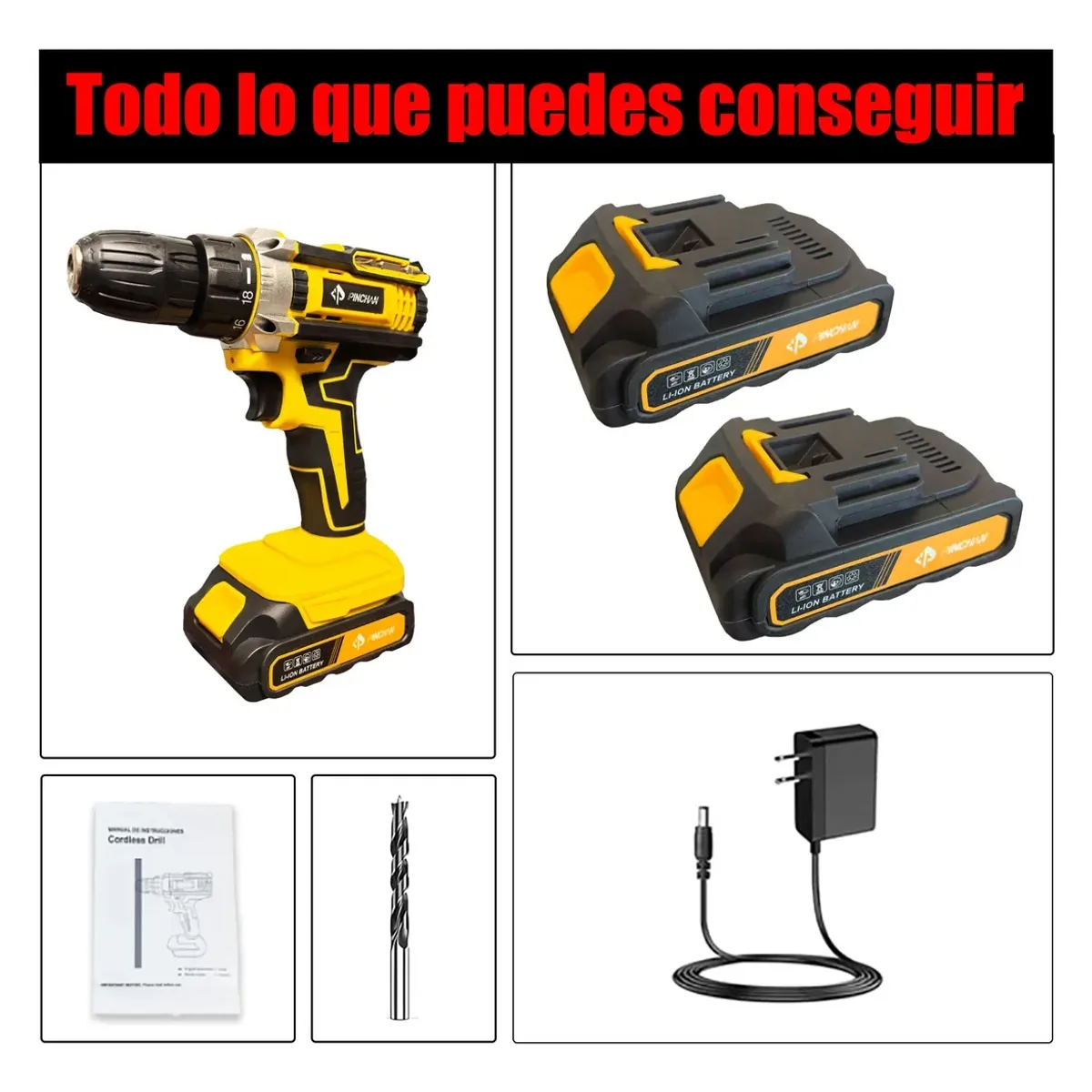GENERICO - Taladro Atornillador Inalambrico Recargable Con 2 Baterias Color Amarillo 60hz FIGOIMPORT