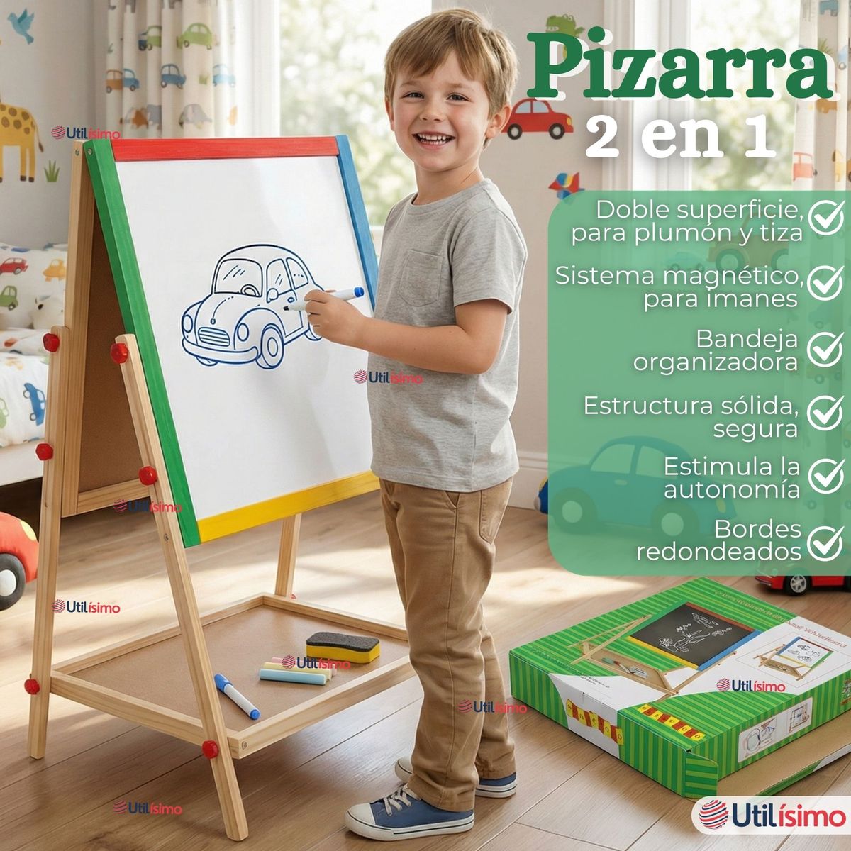 UTILISIMO - Pizarra Infantil 2 en 1 Tiza Plumon Magnética Estilo Montessori 64cm