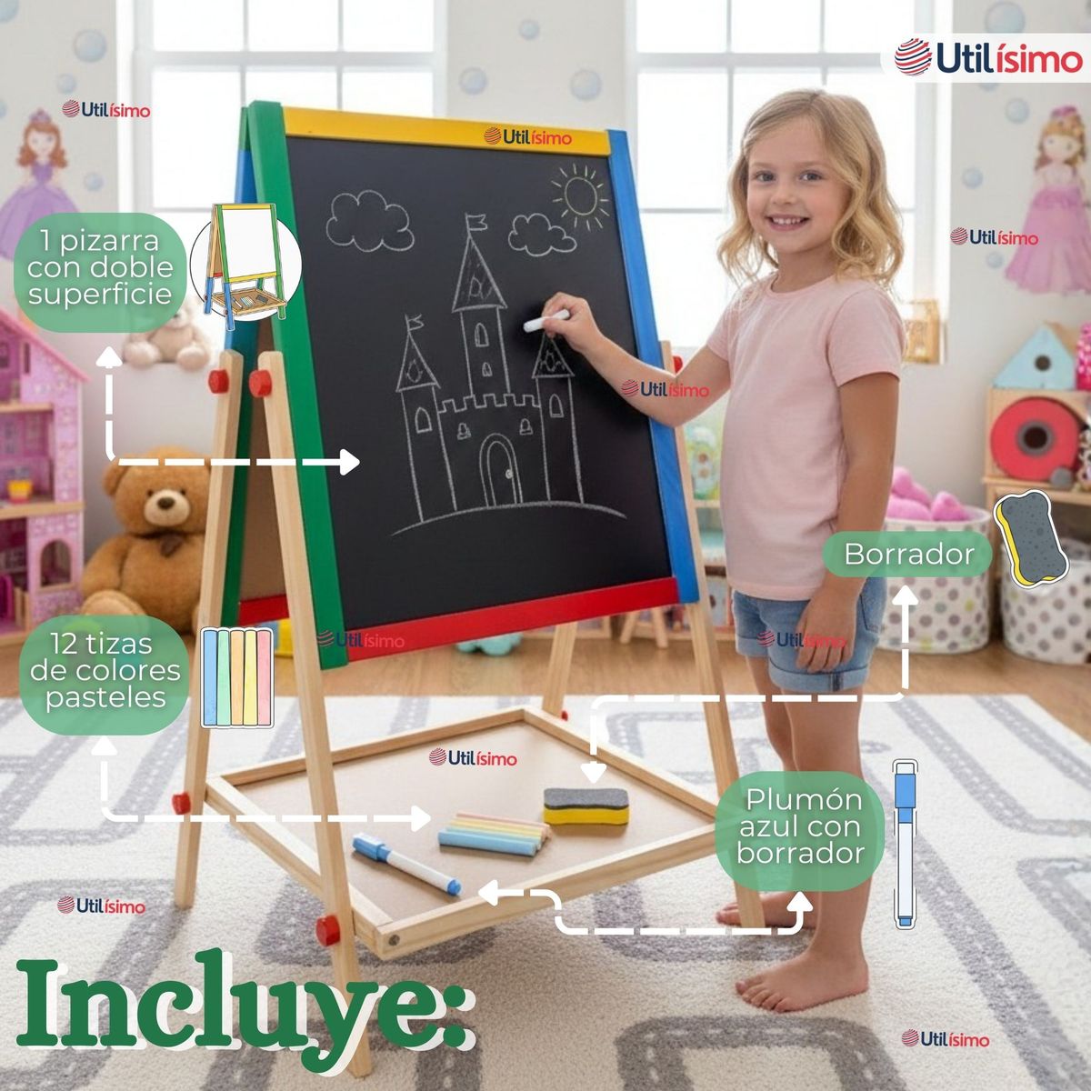 UTILISIMO - Pizarra Infantil 2 en 1 Tiza Plumon Magnética Estilo Montessori 64cm