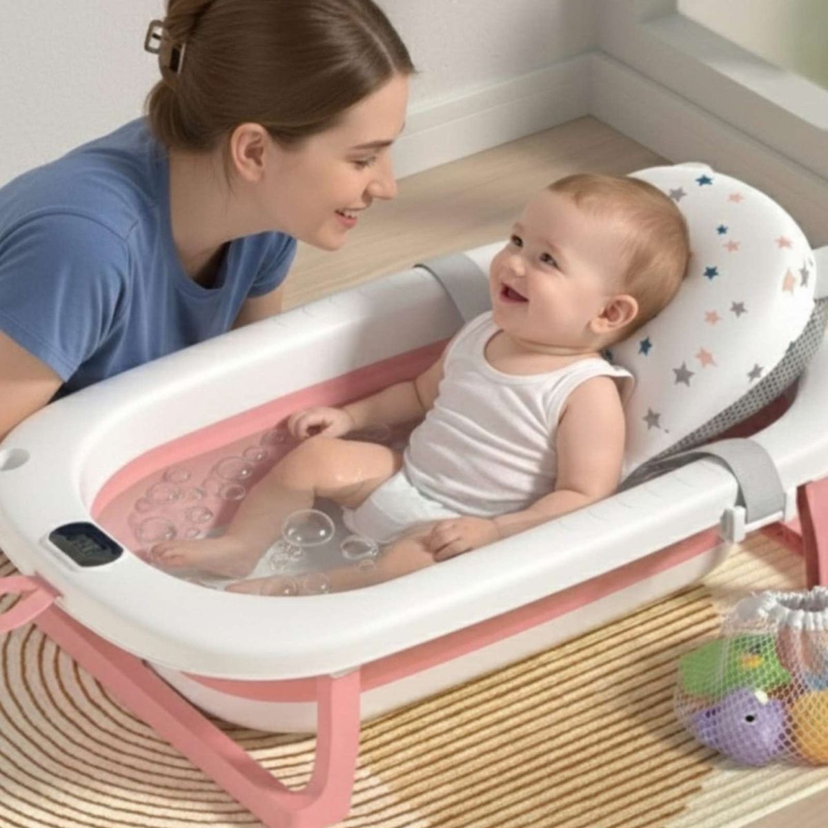 GENERICO - TINA PLEGABLE CON TERMOMETRO Y COJÍN PARA BEBES  ROSA